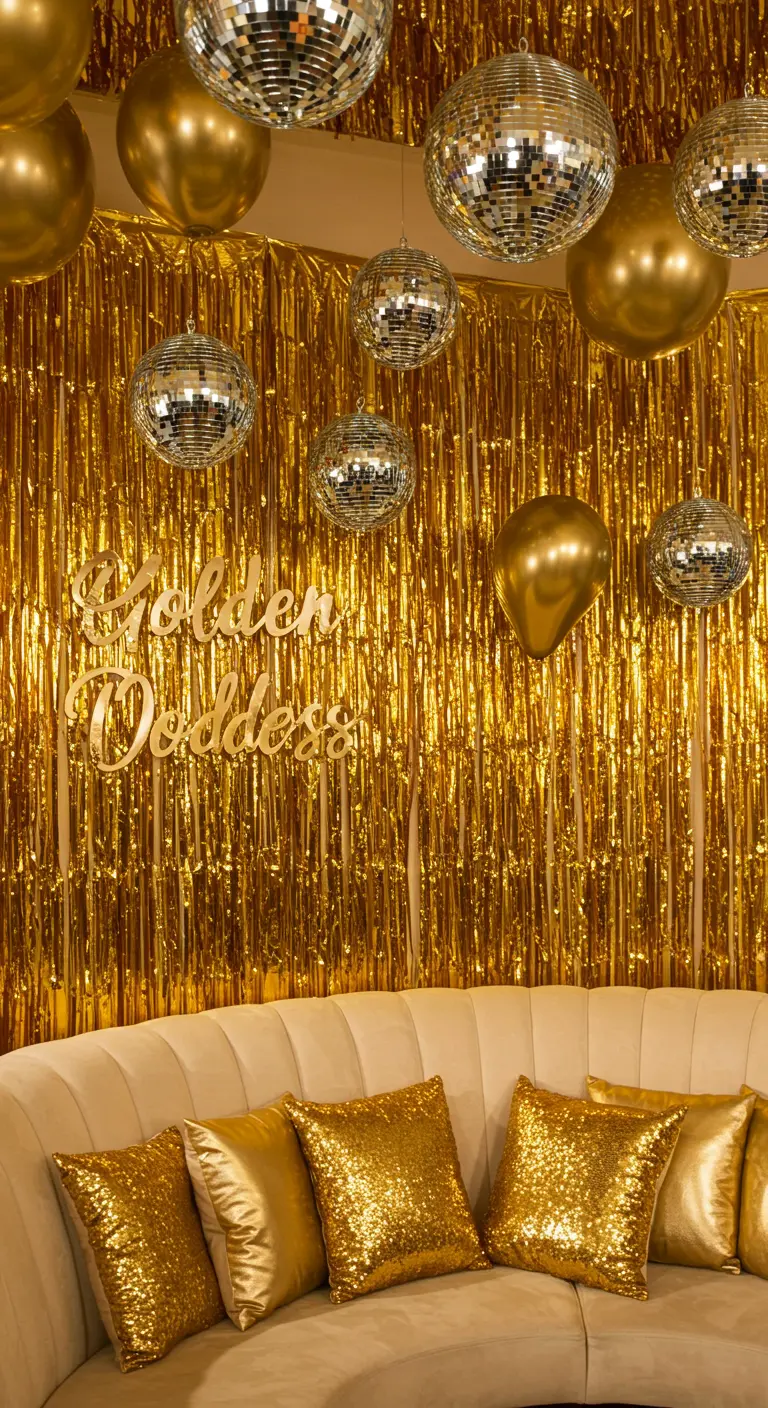 An all-gold party theme with a gold fringe wall, gold balloons, and gold sequin pillows.