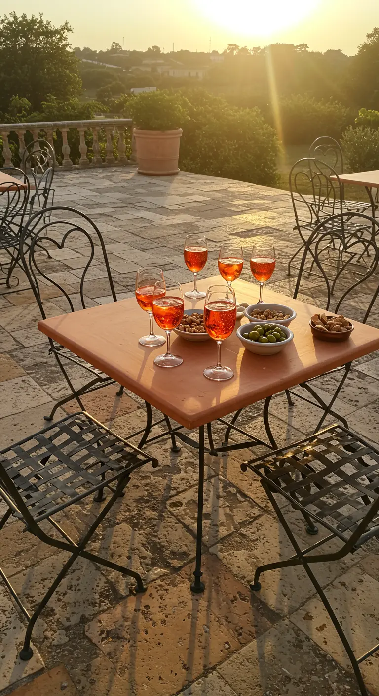 Square terra cotta table with Aperol spritzes on a stone patio at sunset.
