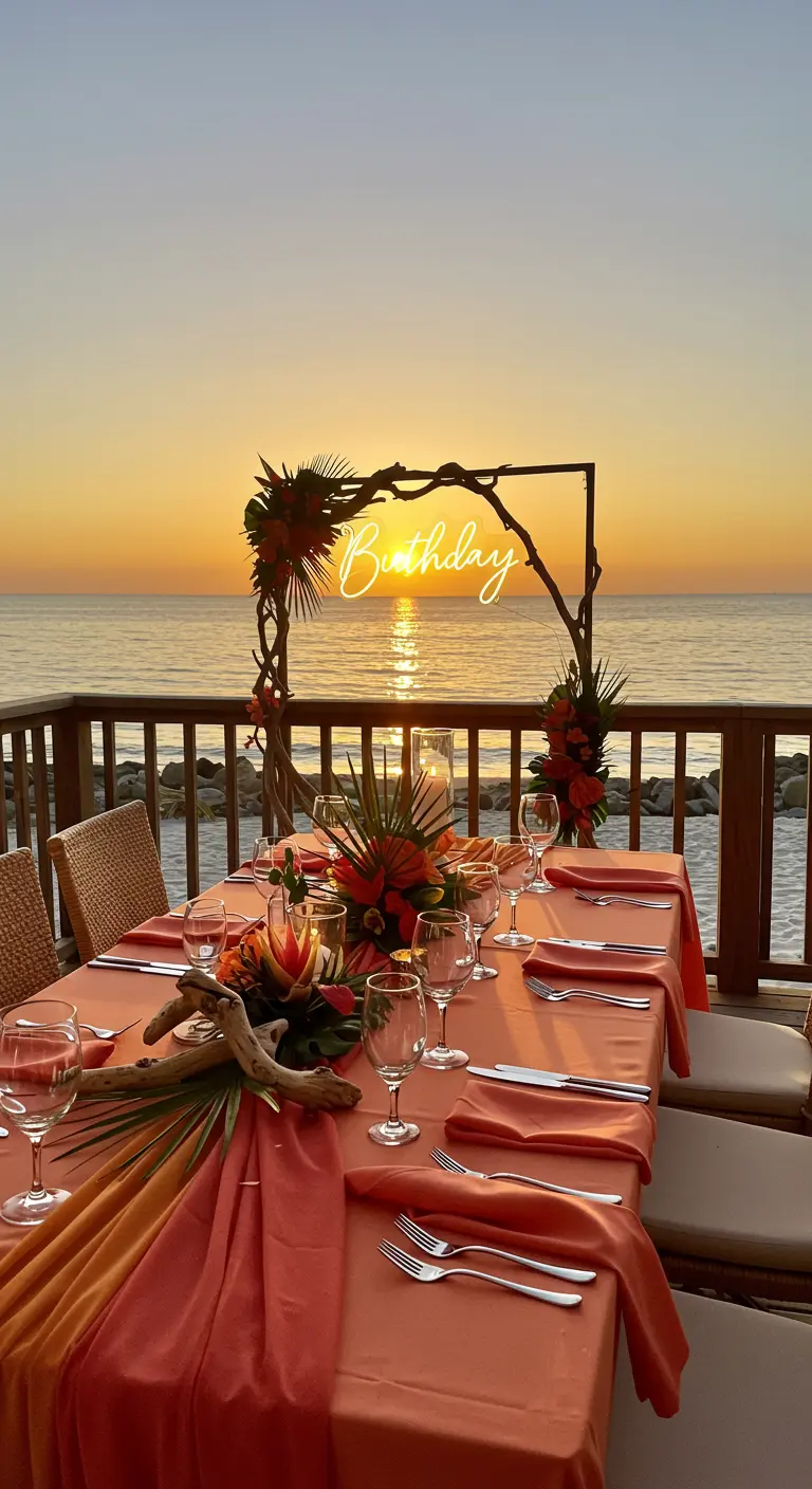 Sunset dinner table on a balcony overlooking the ocean with a neon birthday sign.