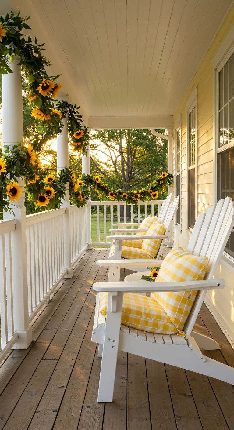 A welcoming front porch with white Adirondack chairs, yellow gingham pillows, and a sunflower garland.