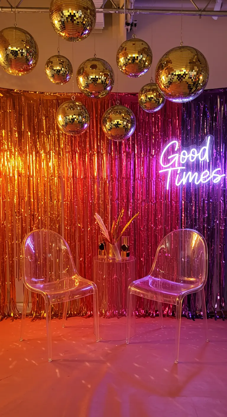 A vibrant party backdrop with orange and pink fringe, a 'Good Times' neon sign, and clear chairs.