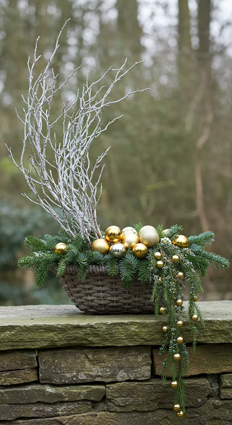 A low wicker basket with pine, white branches, and a cascade of tiny gold baubles.