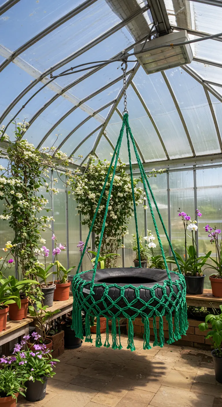 Green macramé tire swing hanging in a greenhouse among orchids.