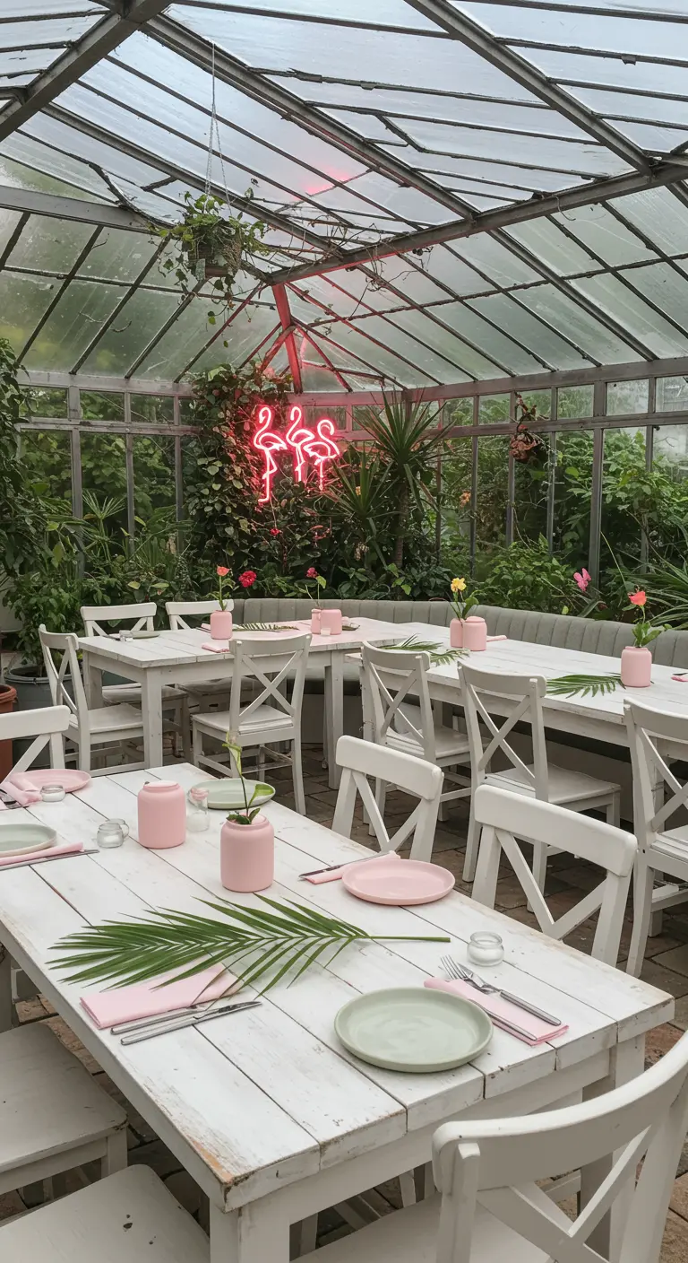 Minimalist party tables inside a lush greenhouse with a pink neon flamingo sign.