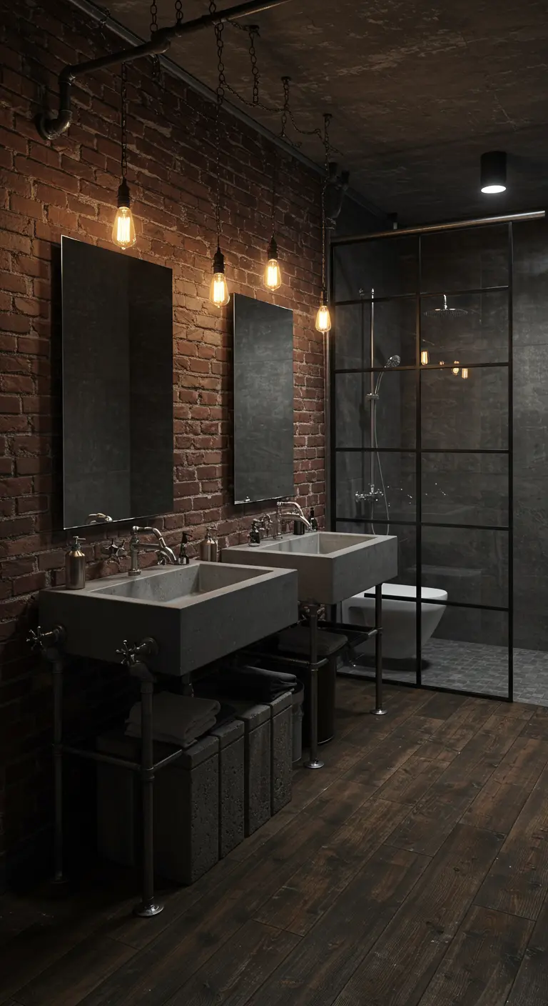 Loft bathroom with an exposed brick wall, concrete sinks, and dark wood floors.