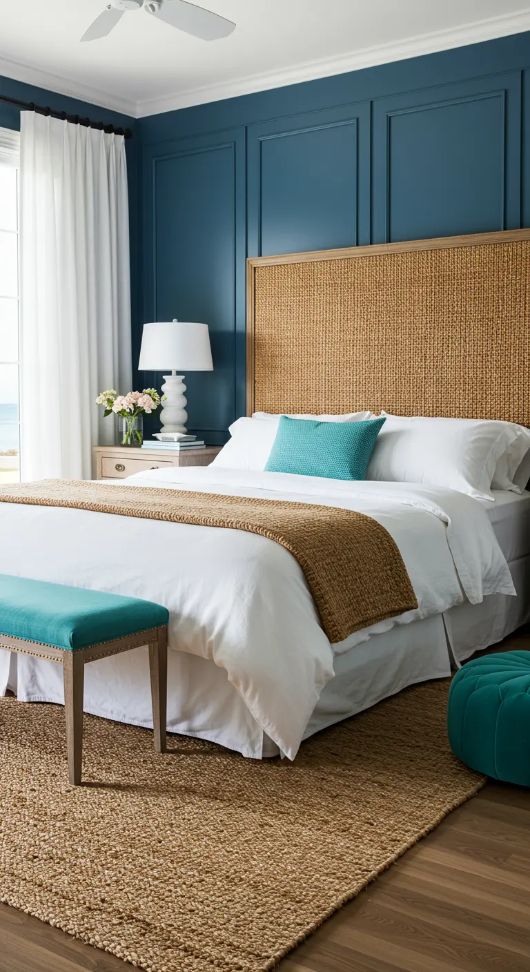Bedroom with a navy blue accent wall and a tall woven headboard.