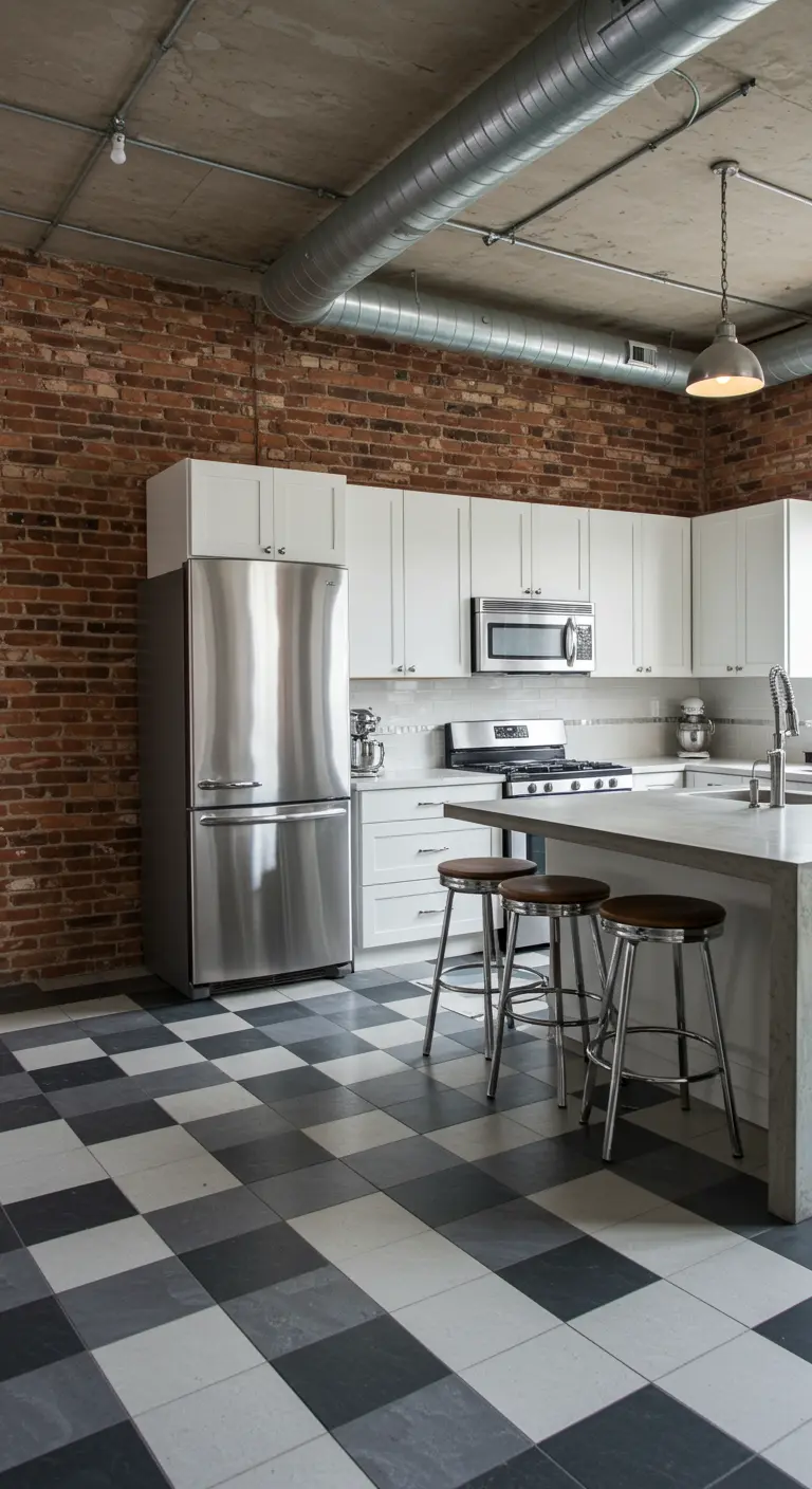 Industrial loft kitchen with exposed brick wall, white cabinets, and a grey checkerboard floor.