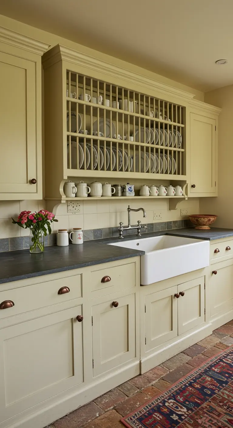Buttermilk kitchen with a dark countertop and a colorful Oriental rug on a terracotta floor.