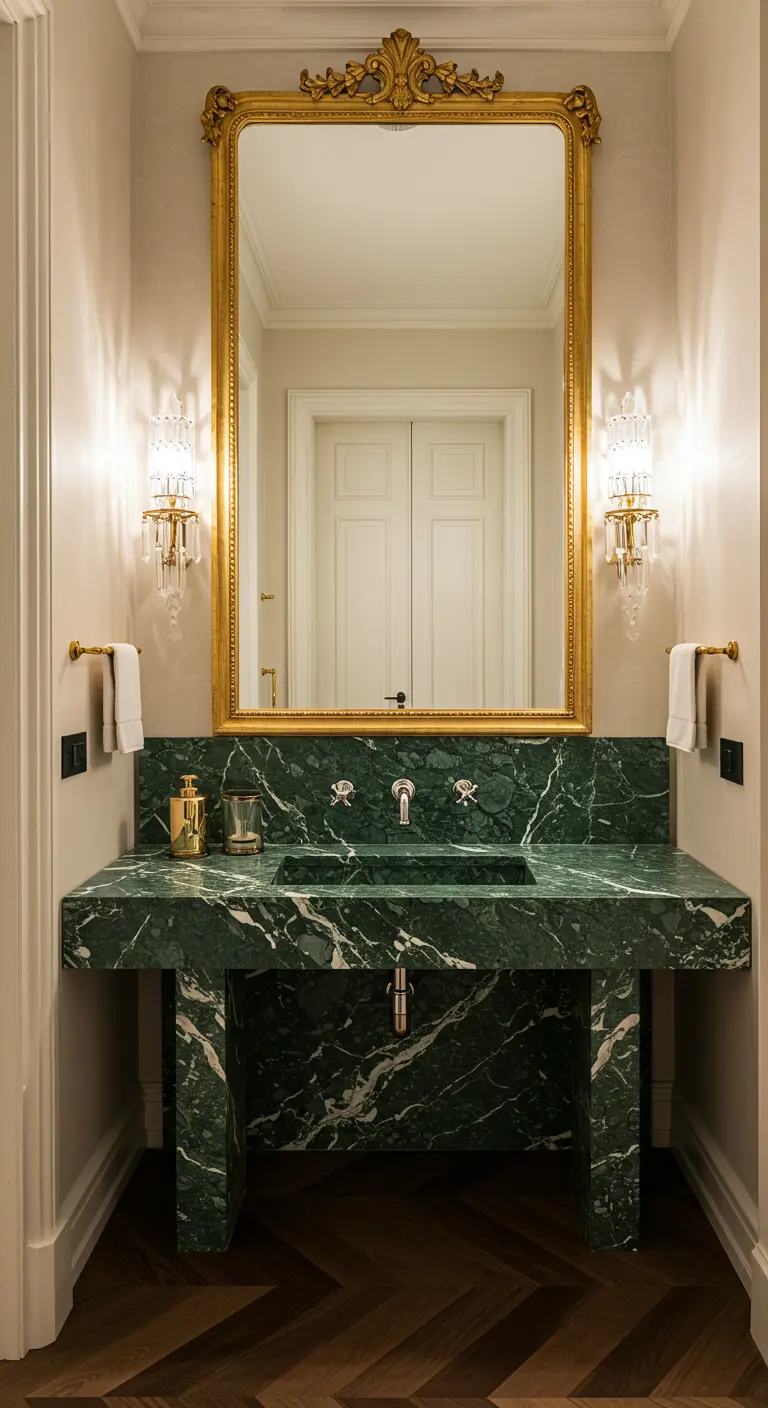 Powder room with a large vanity made of dramatic green marble and a large gold mirror.