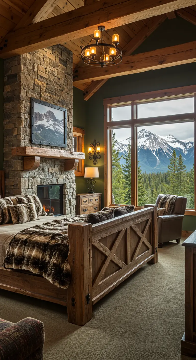Rustic lodge bedroom with a stone fireplace, large window with mountain view, and a heavy wood bed.