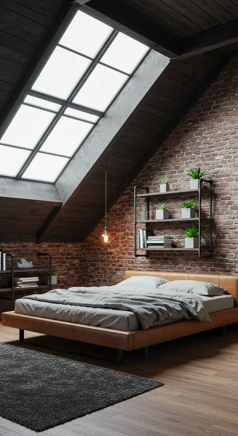 Industrial loft bedroom with an exposed brick wall and pipe shelving.