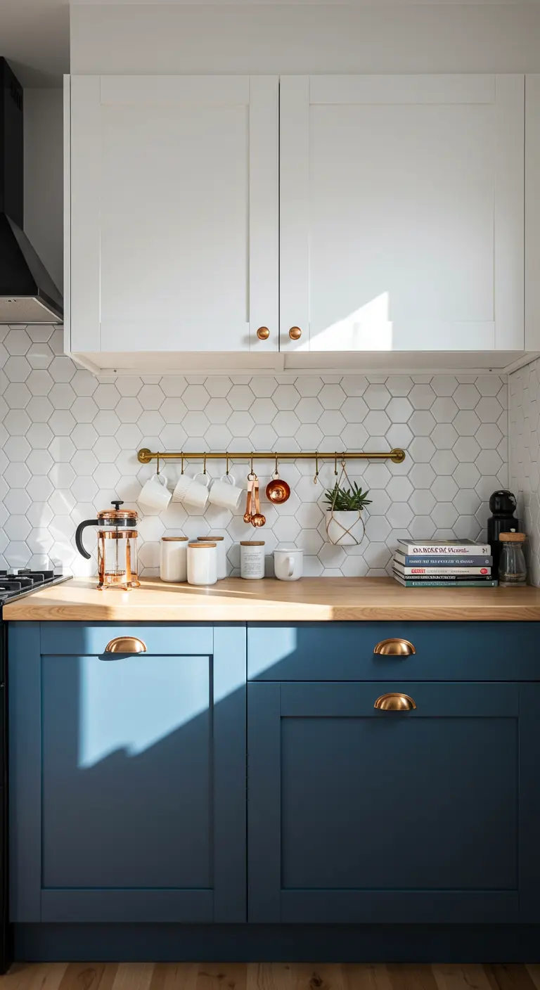 Blue lower cabinets and white upper cabinets in a small kitchen with a hexagonal tile backsplash.