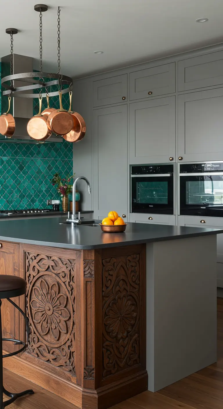 Kitchen with grey cabinets, a carved wood island base, and a bright green tile backsplash.