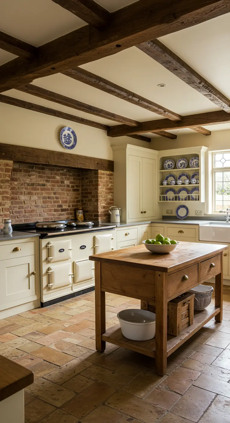 English country kitchen with buttermilk cabinets, exposed brick, and a freestanding wood island.