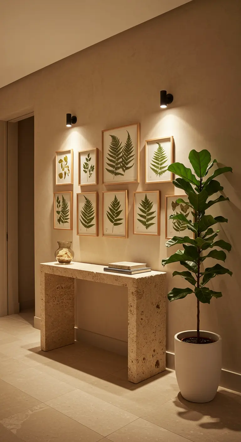Hallway with a travertine console table, a gallery wall of pressed ferns, and a large plant.