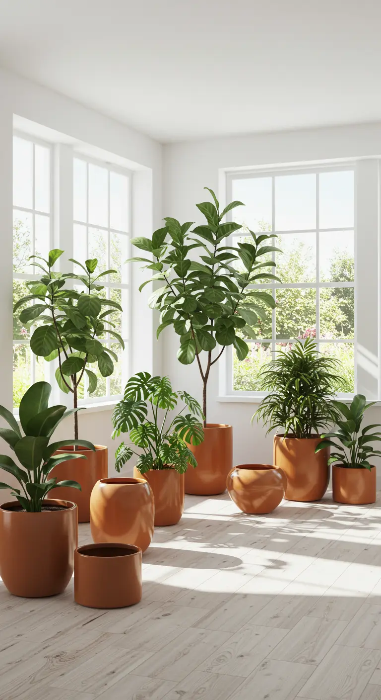 A sunlit corner filled with various plants in terracotta pots.