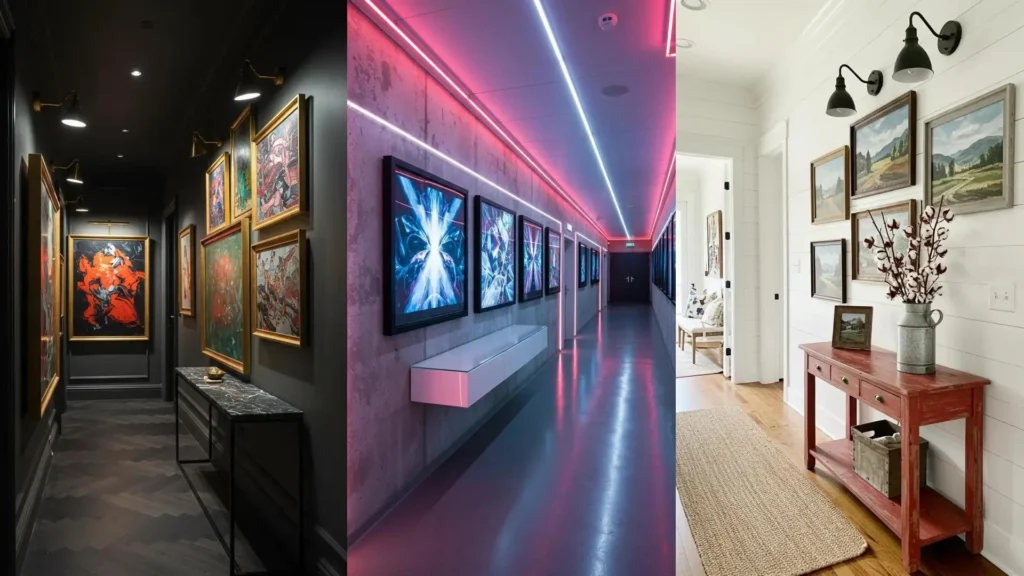 Hallway design ideas in small apartments featuring gallery walls, modern lighting, and narrow console tables.