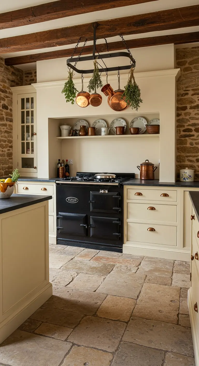 Kitchen with stone walls, cream cabinets, and a black iron pot rack hanging over the stove.