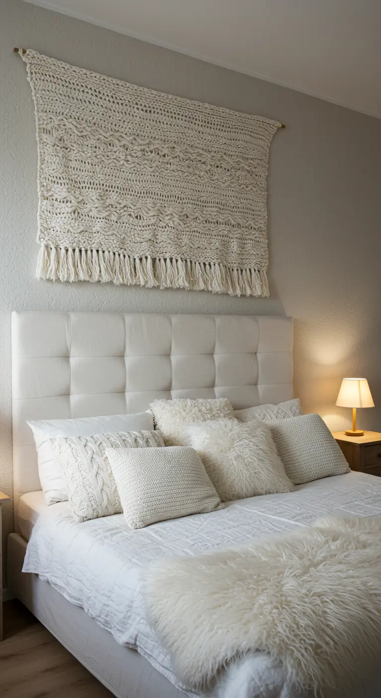 A bed with a white tufted headboard, with a large cream macrame wall hanging above it.