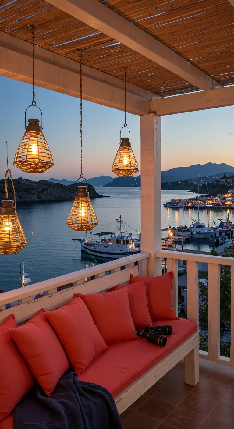 Balcony with multiple hanging wicker lanterns overlooking a harbor at dusk.
