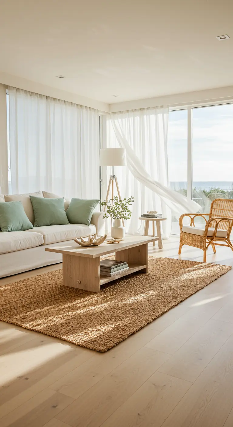 Airy living room with white sheer curtains blowing in the breeze from an open door.