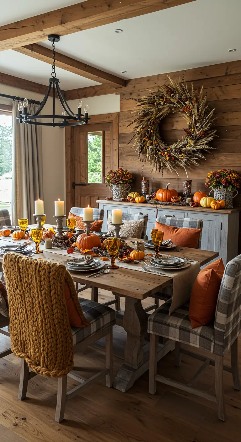 Rustic dining room with a Thanksgiving tablescape, large harvest wreath, and plaid chairs.