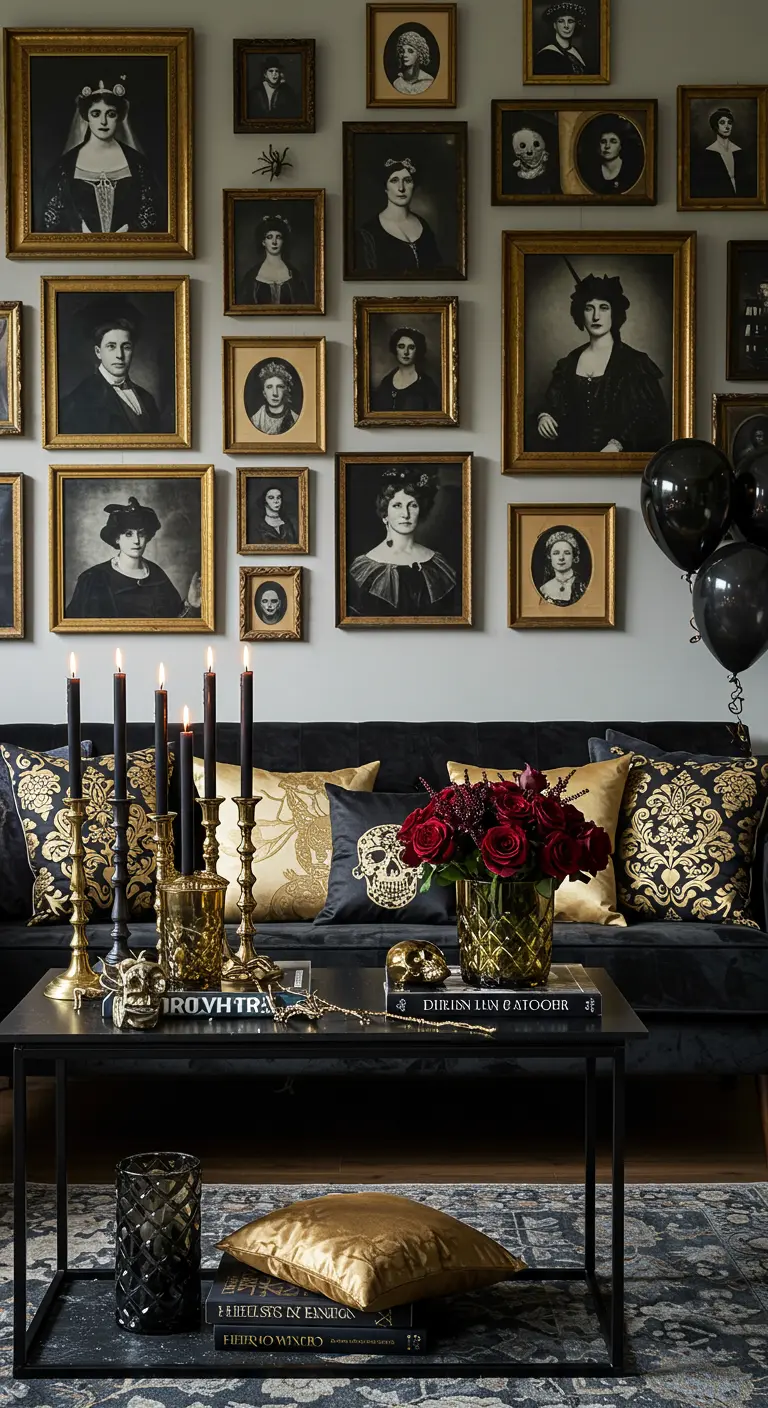 Spooky-chic living room with a gallery wall of vintage portraits and black and gold Halloween decor.