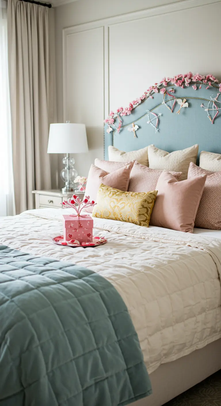 A bedroom with a blue headboard decorated with a Cupid and arrow garland and pink flowers.