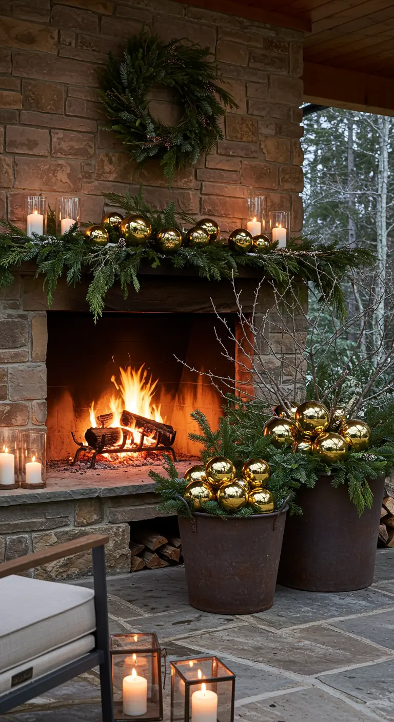 Two rustic planters with evergreens and gold baubles next to a glowing outdoor fireplace.