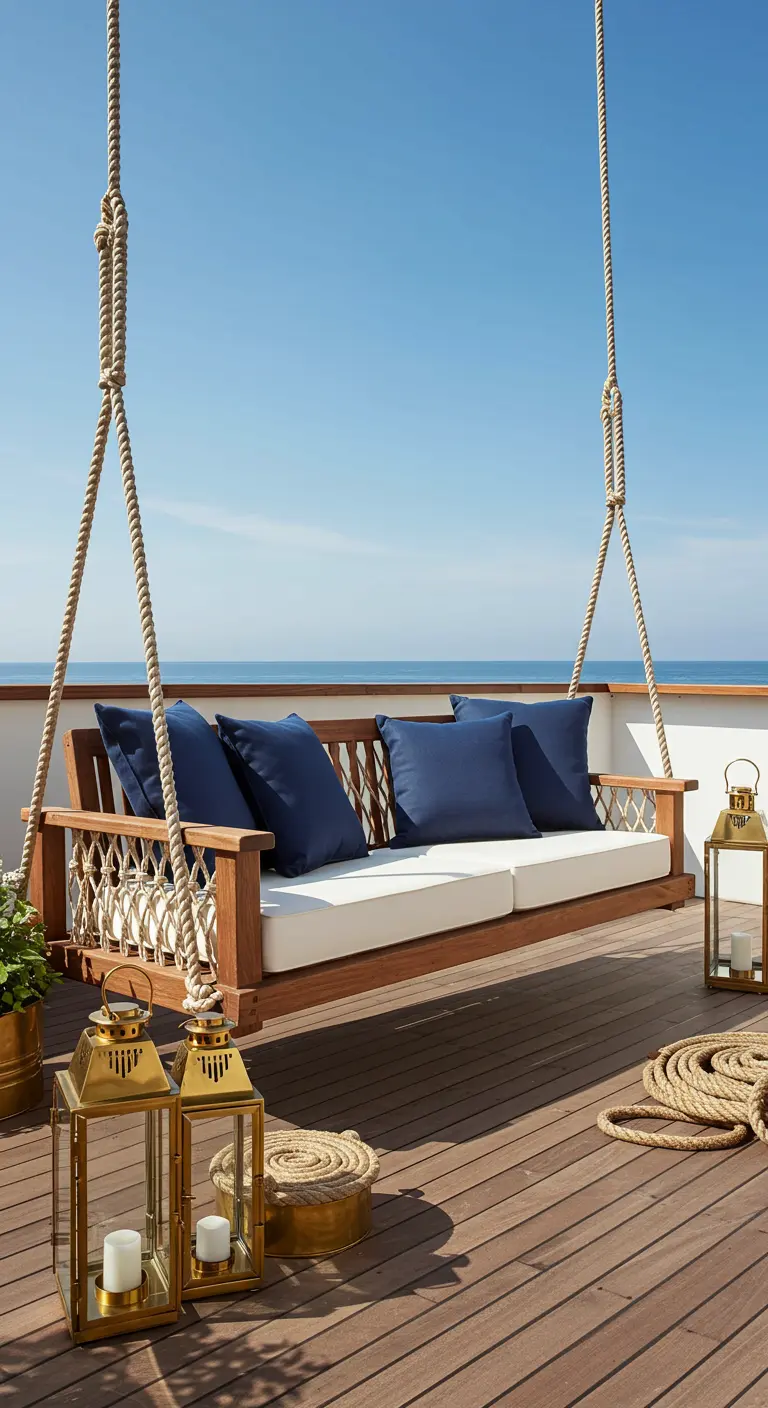 A teak wood swing with navy pillows on a deck, surrounded by large brass lanterns.