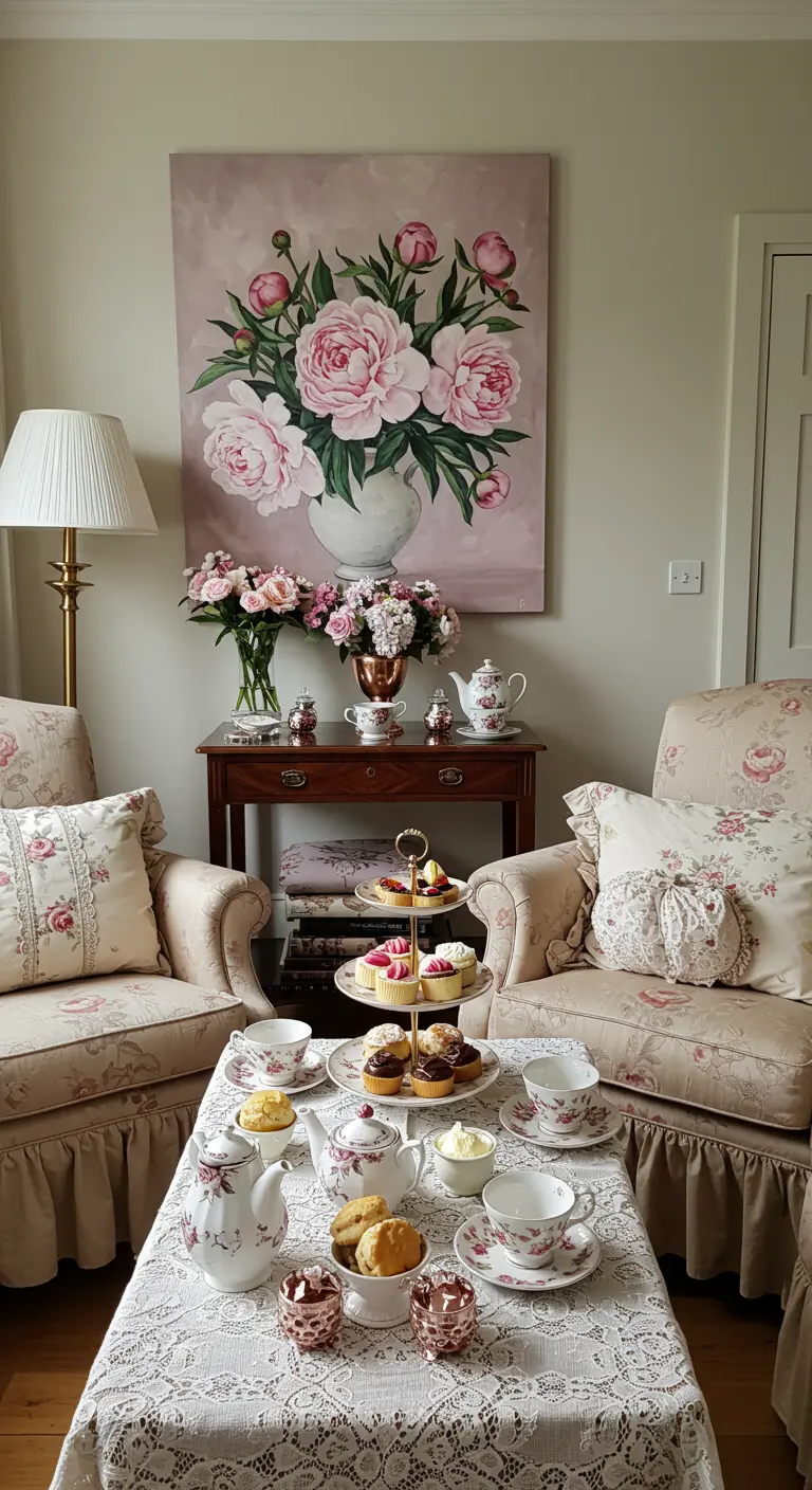 Classic English tea party setup with floral china, a tiered dessert stand, and peony decor.