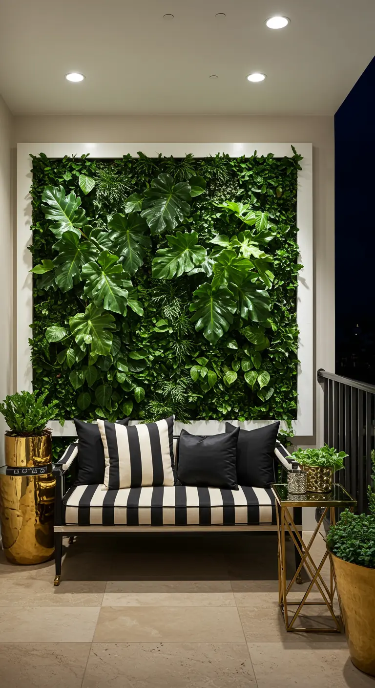 A chic balcony with a monstera green wall, a black-and-white striped sofa, and large gold planters.