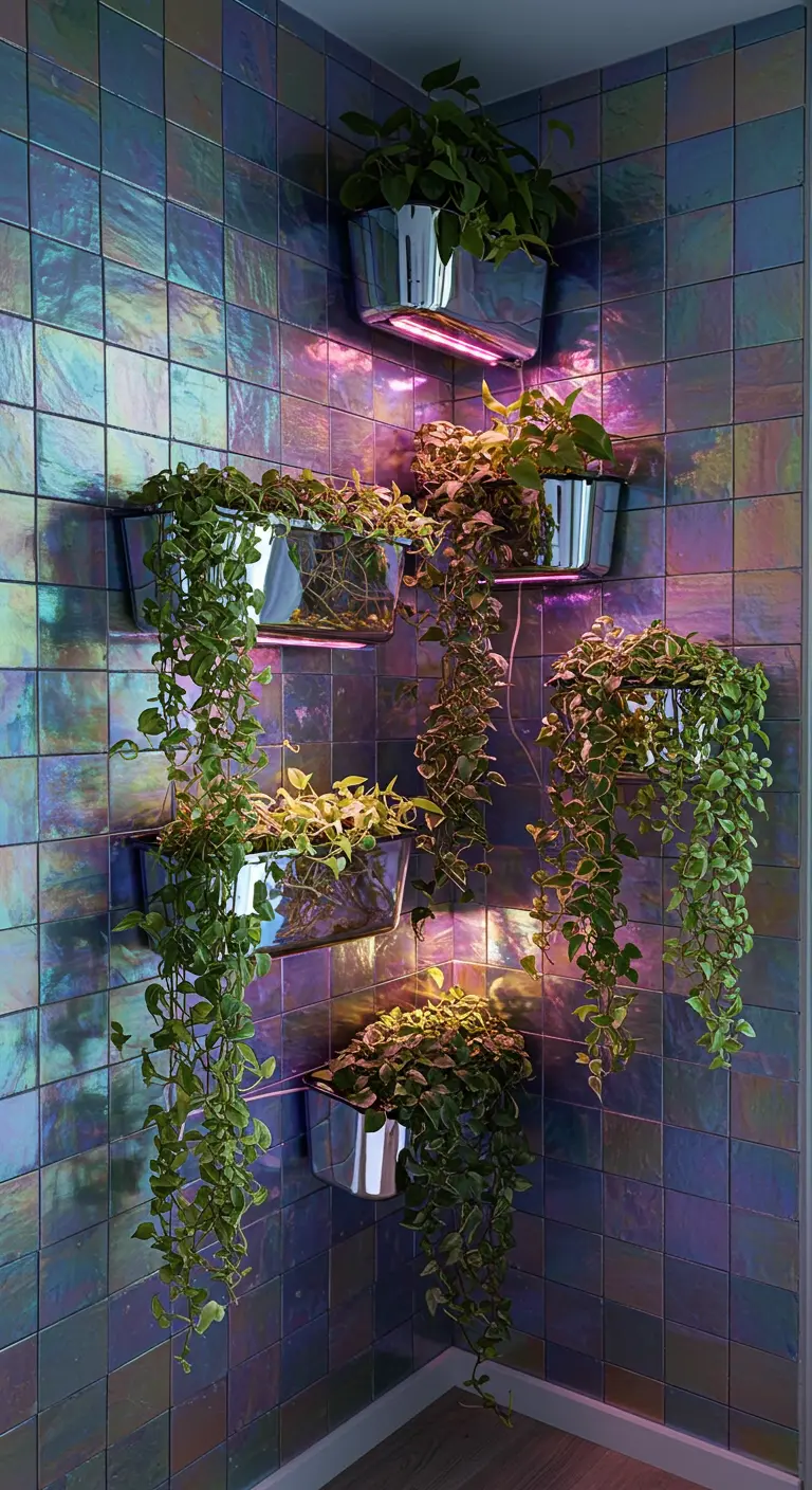 Futuristic balcony with iridescent tiles, chrome planters, and pink LED grow lights.