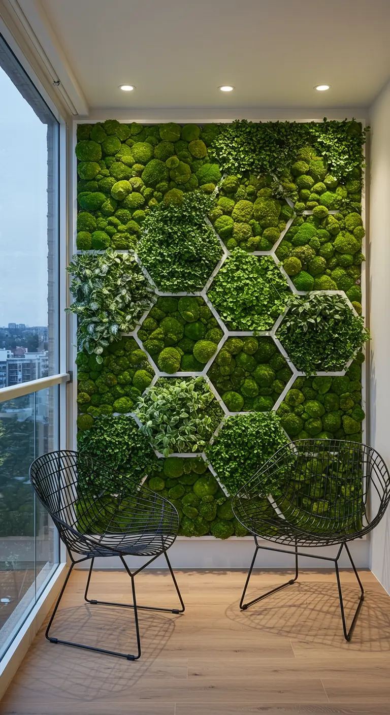 A moss wall on a balcony structured with white hexagonal frames, creating a honeycomb effect.