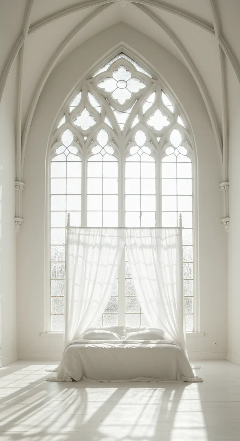 A bed with a simple white canopy sits in front of a massive gothic arched window.