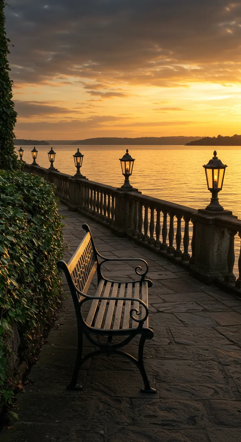 A park bench on a stone promenade overlooking a lake at golden hour, with lanterns lining the rail.