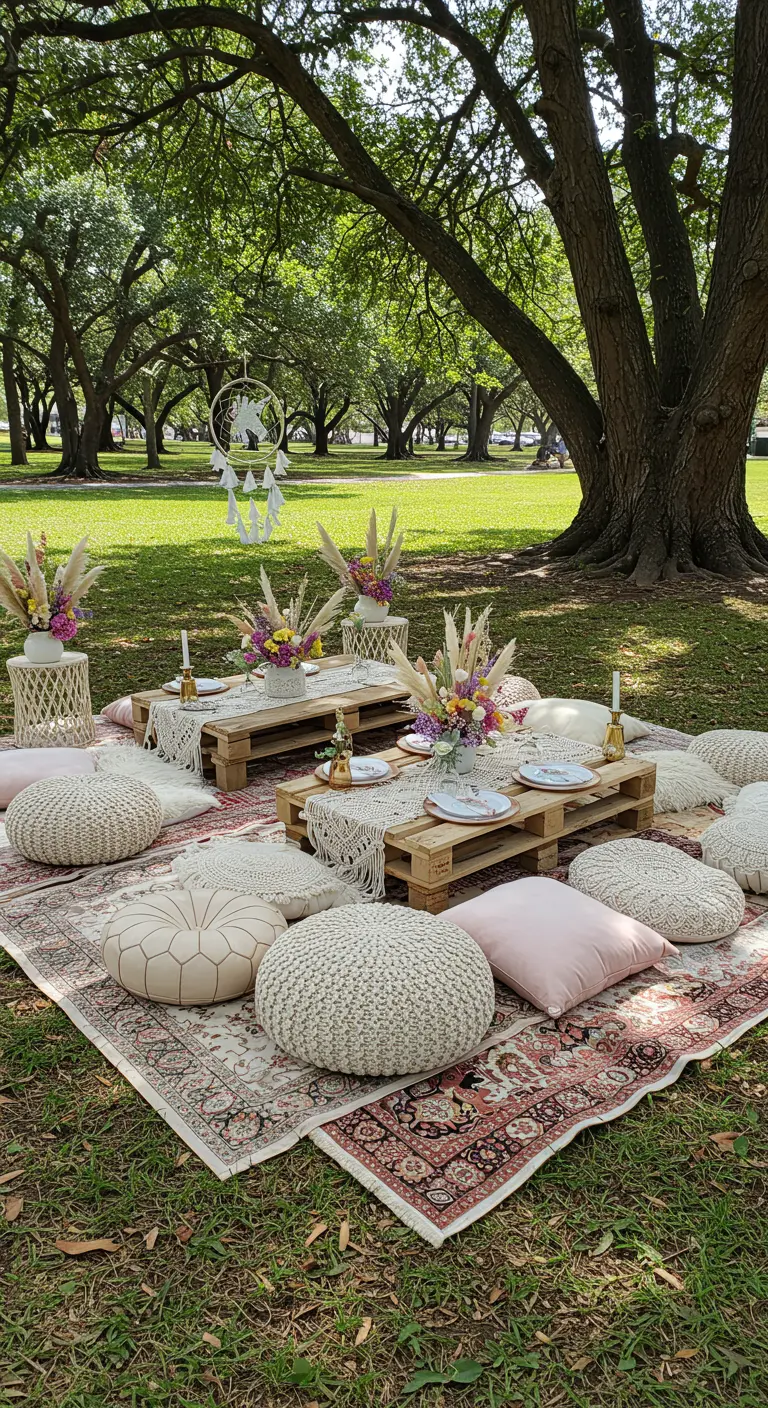 Boho unicorn picnic with pallet tables, layered rugs, and floor poufs.
