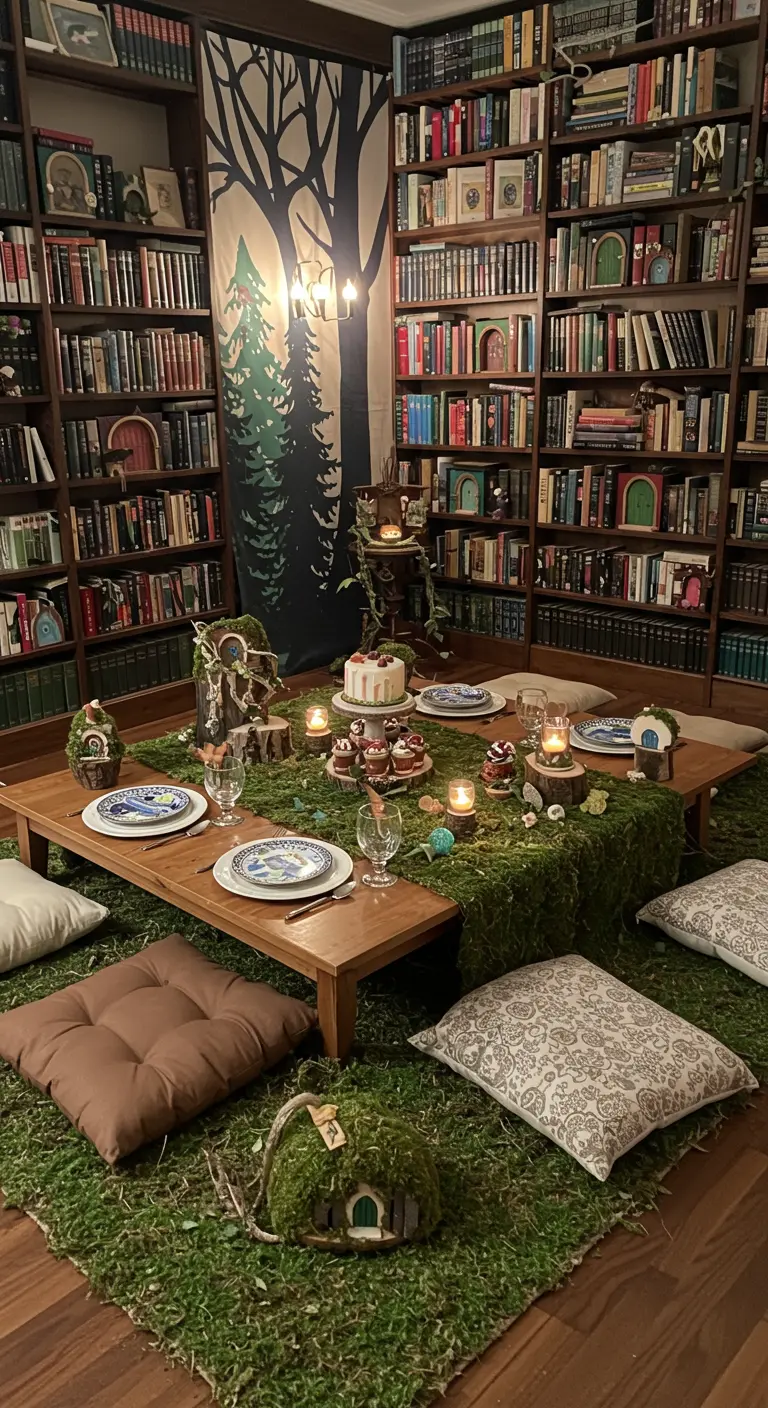 A cozy, book-lined room set up for a woodland party with a low table and mossy decor.