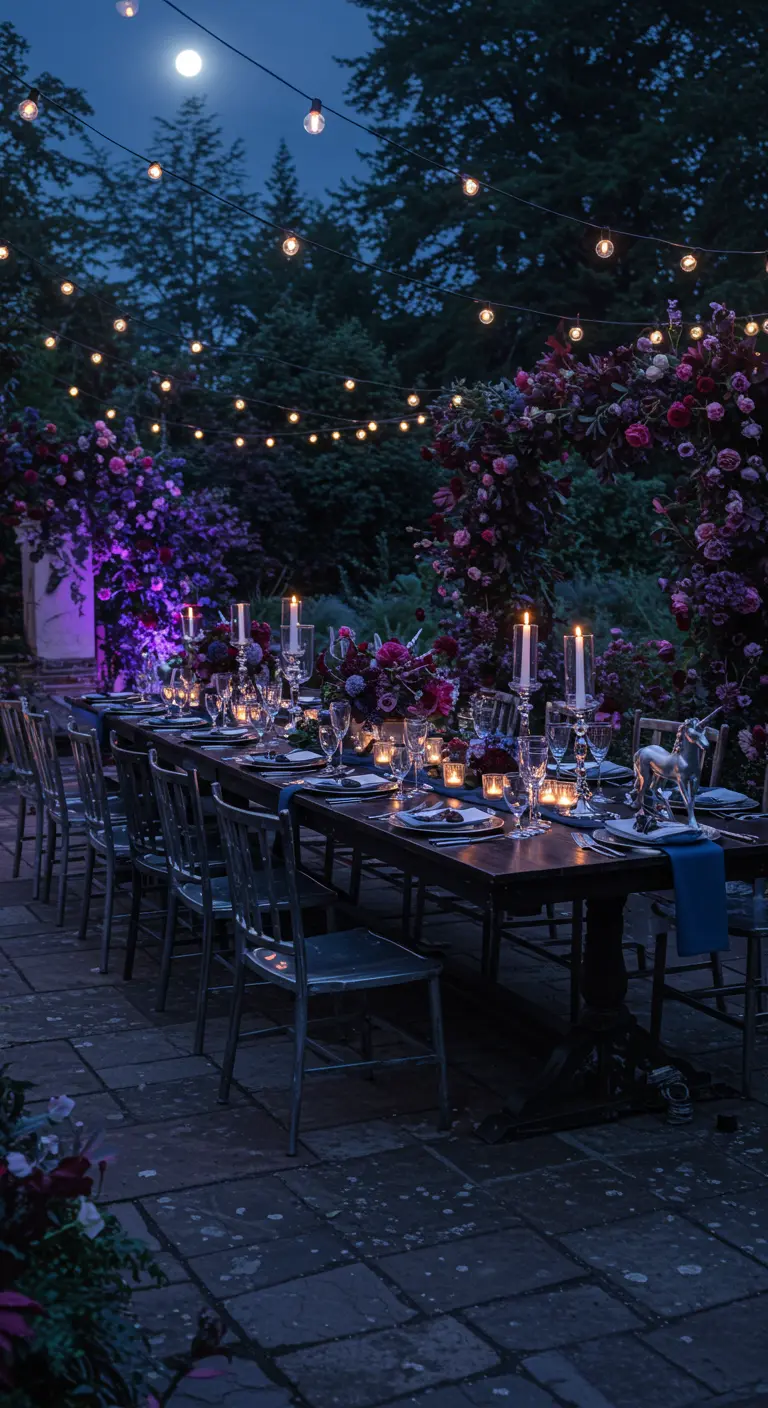 Moody outdoor night party with candelabras and dark floral arrangements.