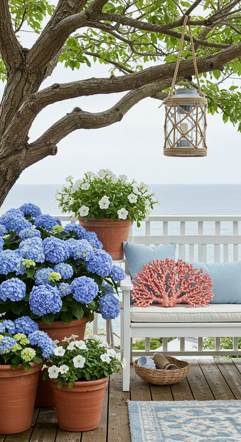 White bench next to large terracotta pots filled with blue hydrangeas and white petunias.