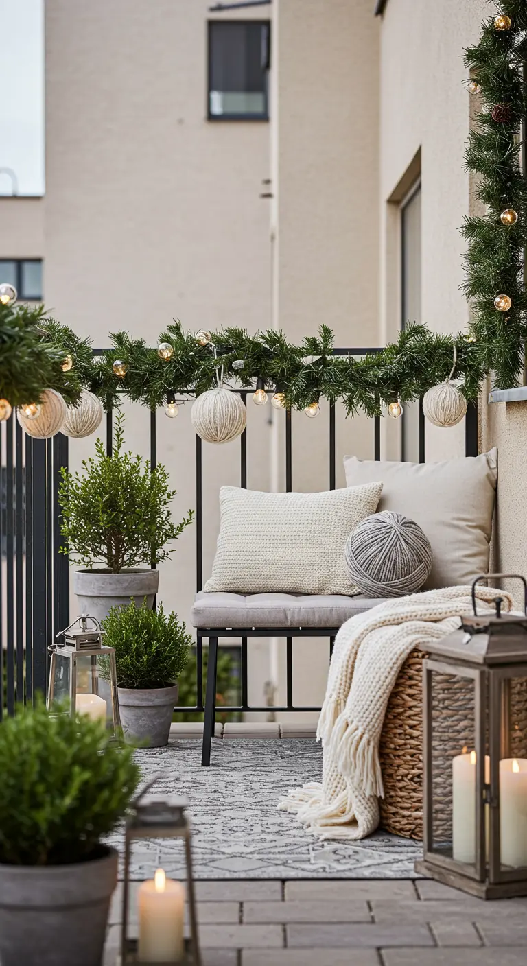 A cozy balcony with a bench, knitted pillows and throw, lanterns, and yarn ornaments.