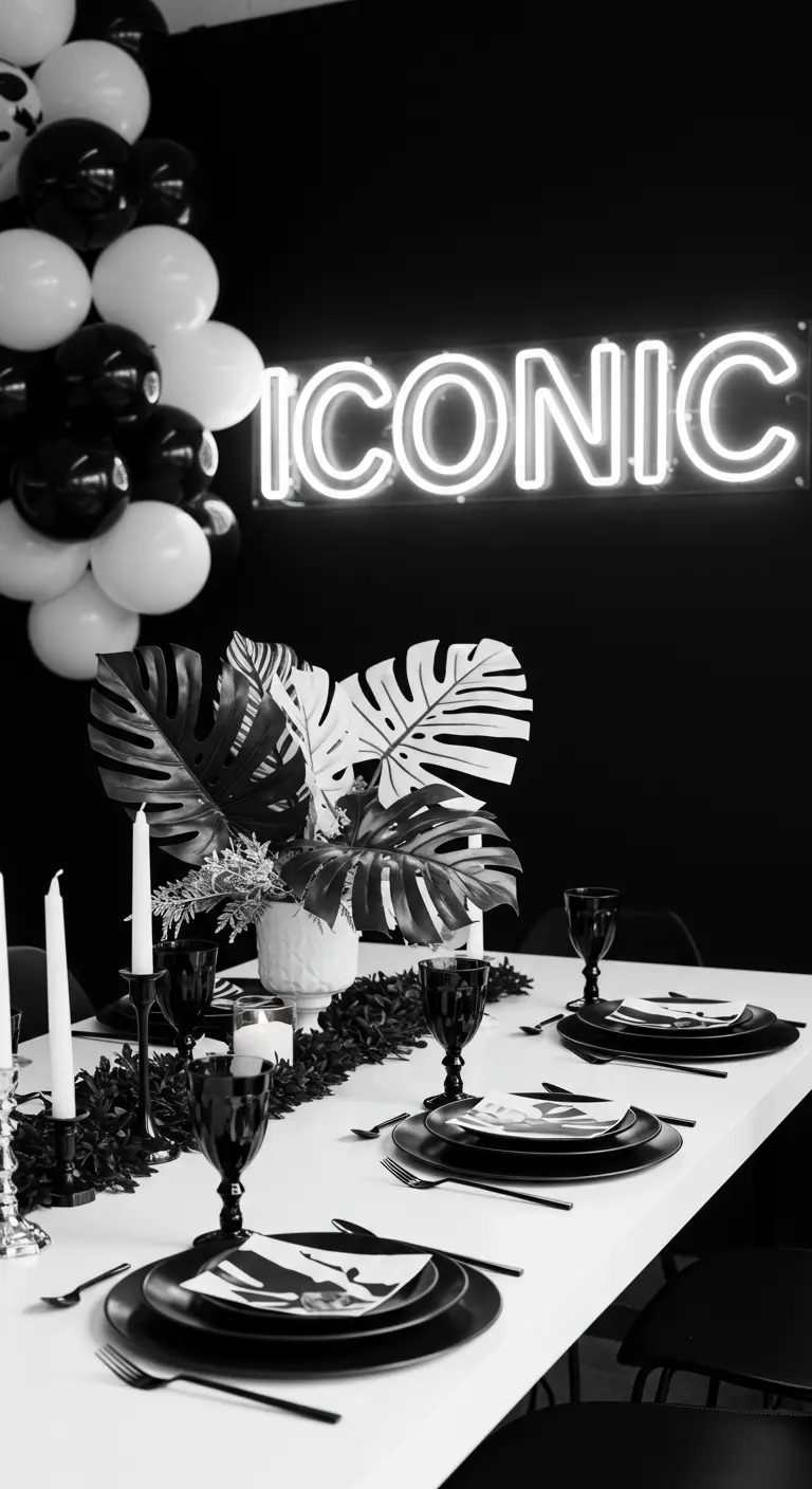 A modern black-and-white tropical table setting with a white 'Iconic' neon sign.