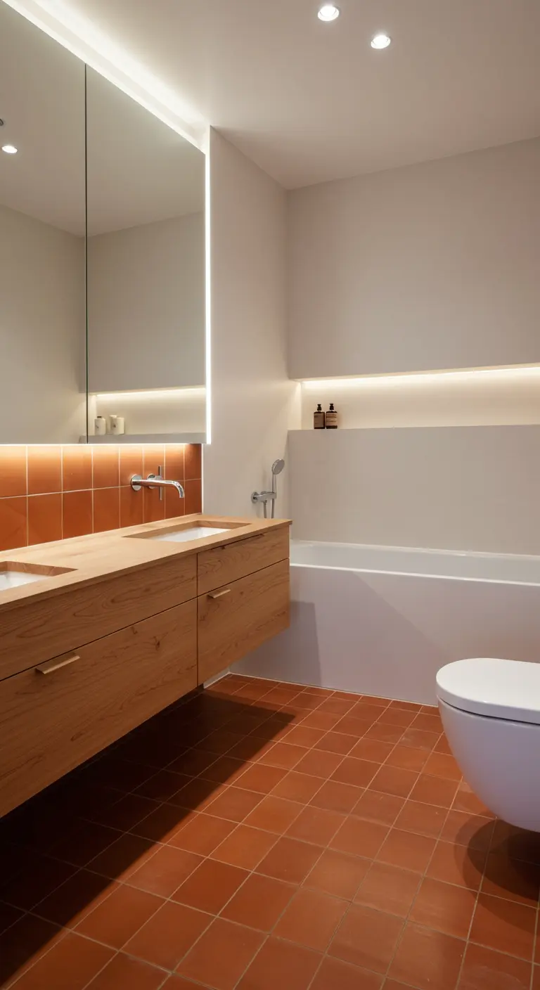 Modern bathroom with integrated LED lighting in a wall niche and above the vanity.
