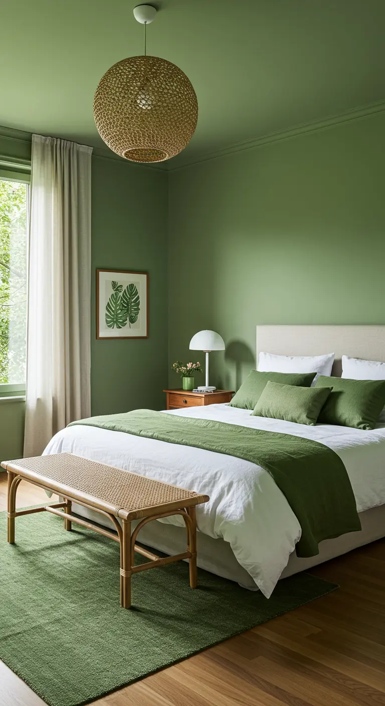 A bedroom where the walls and ceiling are painted a uniform moss green color.