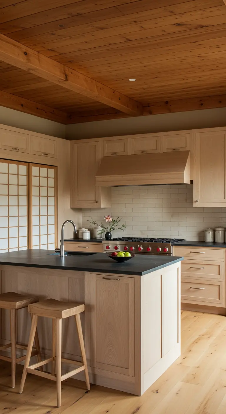 Japandi-style rustic kitchen with light wood and Shoji-screen cabinet doors.