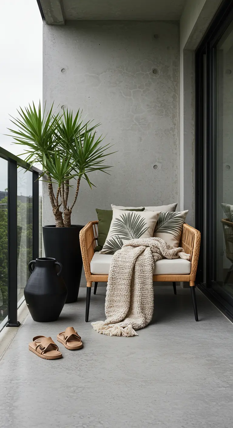A rattan loveseat and a large yucca plant on a minimalist concrete balcony.