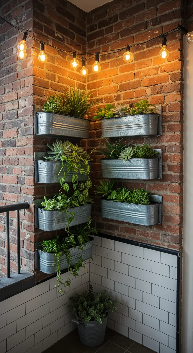 Industrial balcony with brick walls, galvanized metal planters with succulents, and string lights.