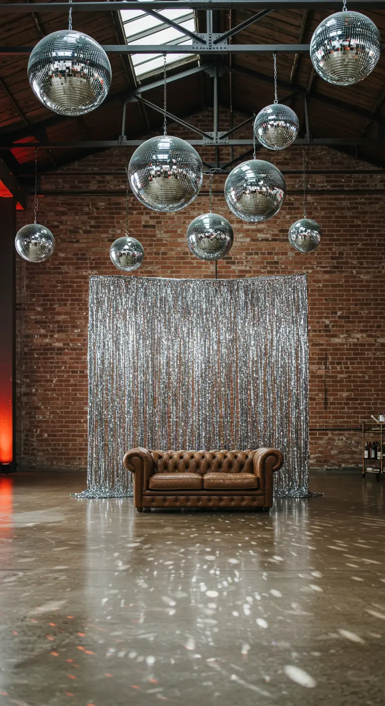 A silver fringe backdrop against an exposed brick wall in a loft space, with a brown leather sofa.