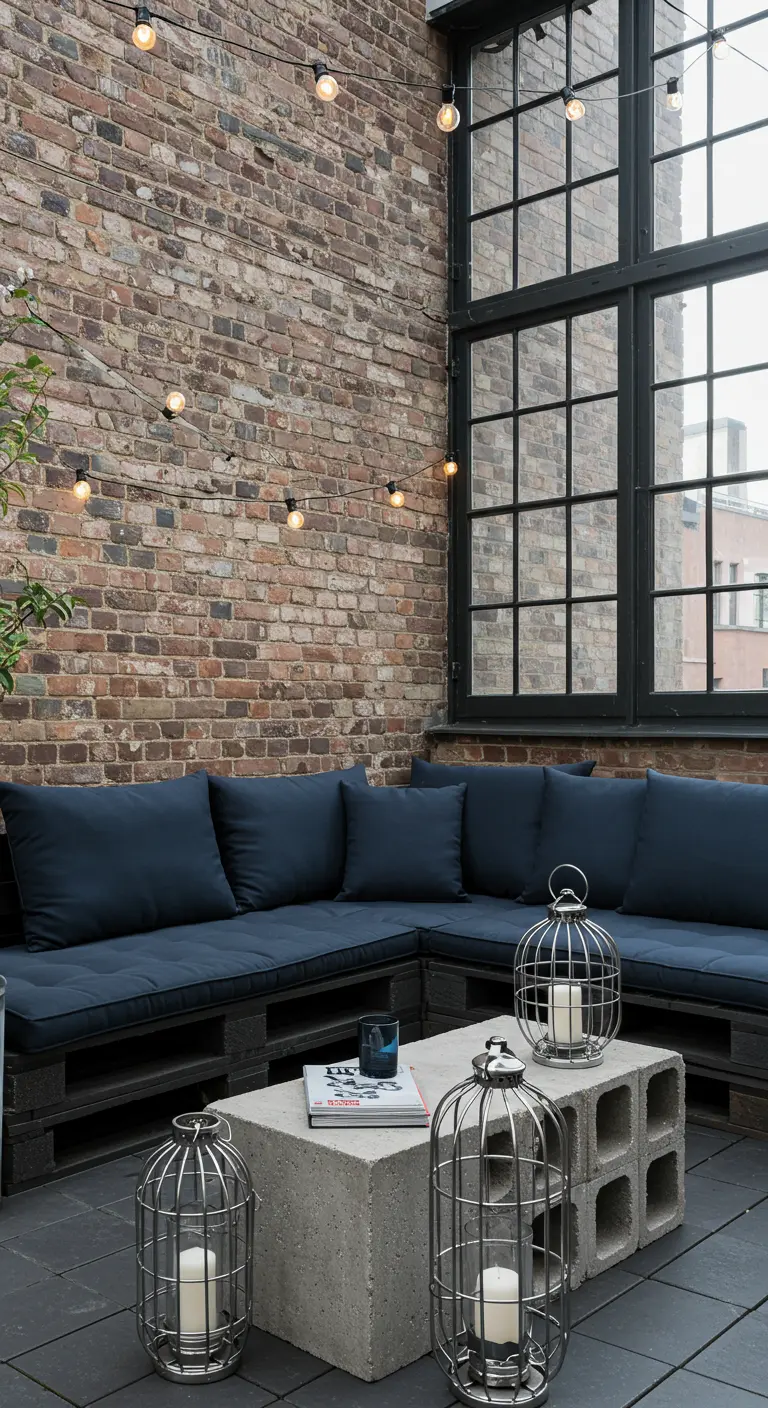 Industrial patio with navy cushions on pallet sofa and concrete block coffee table.
