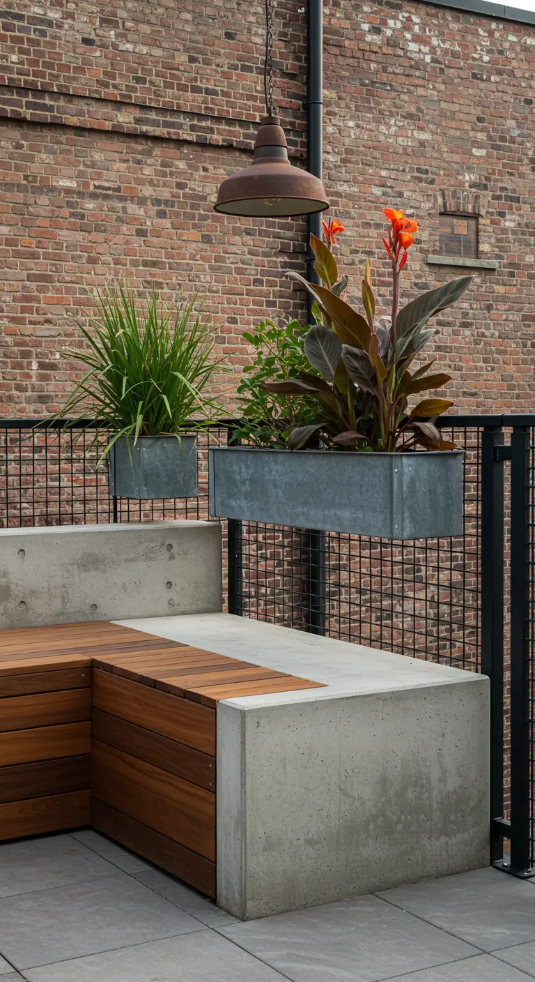 Industrial-style patio featuring a concrete and wood bench, with plants in galvanized steel boxes.